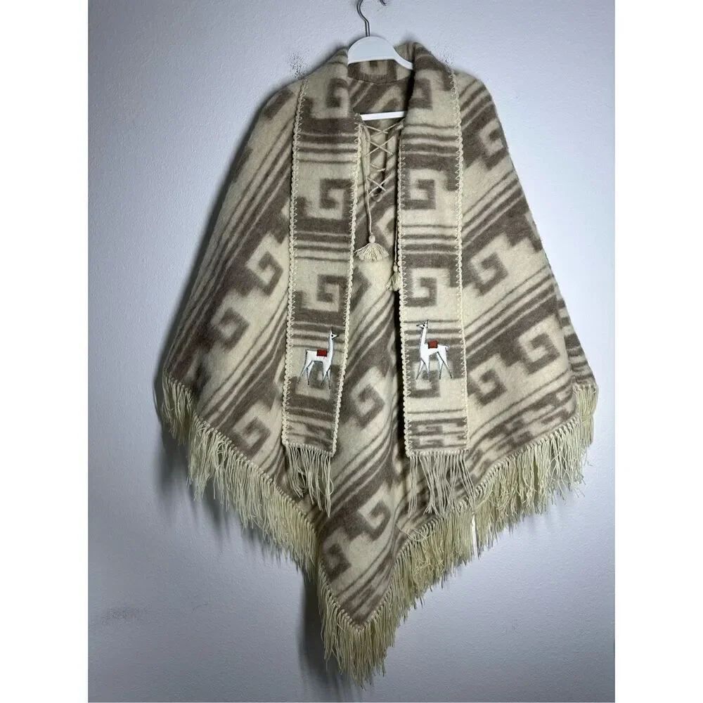 Alpaca Wool Textil Peruvian Poncho Attached Scarf Lama Application One Sz *Notes